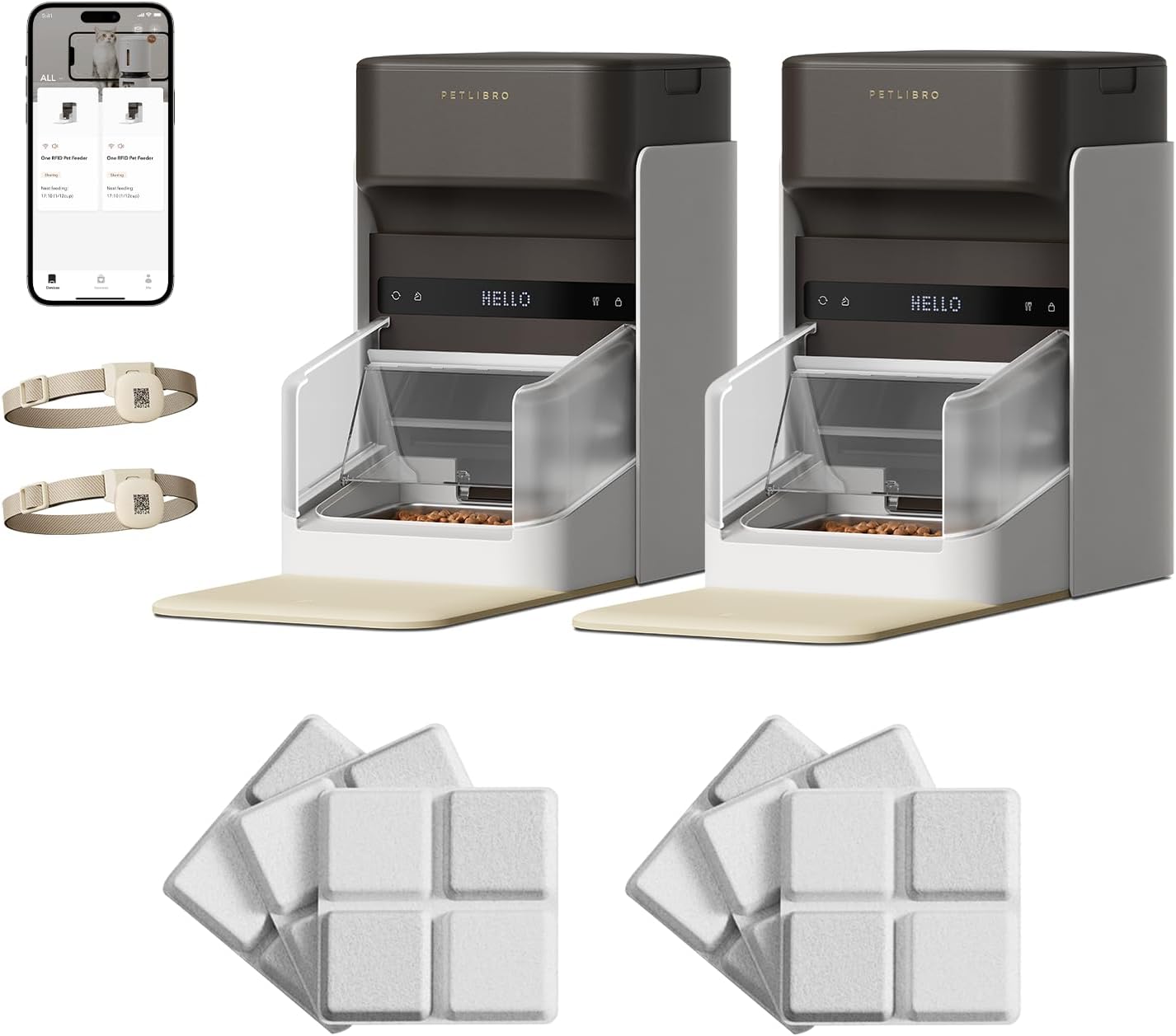 Bundle of two PETLIBRO RFID Automatic Cat Feeders with collar tags and pet food desiccant bags